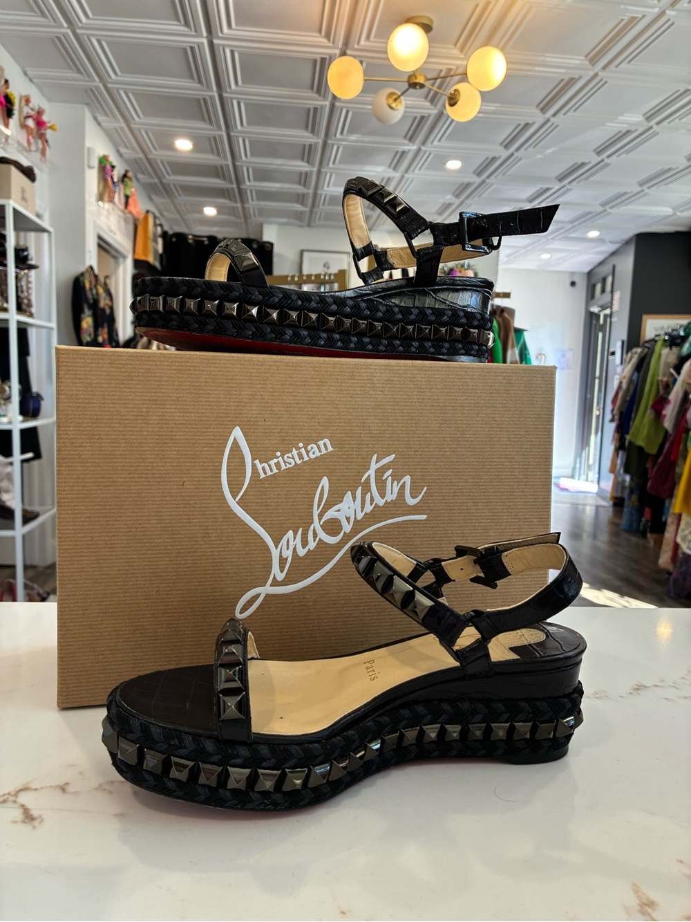 Christian Louboutin Black Studded Platform Sandals with Red Soles